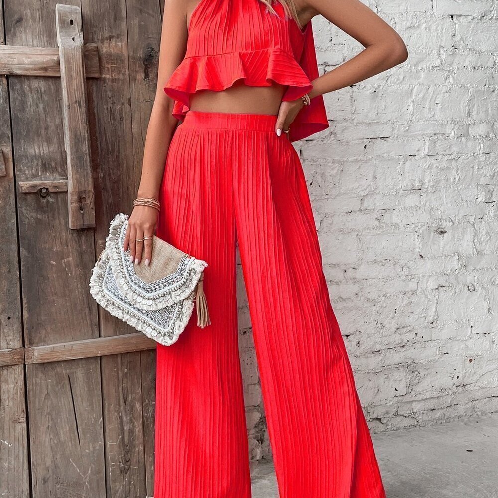 Red Casual Women's Ruffle Hem Halter Top & Wide Leg Pants